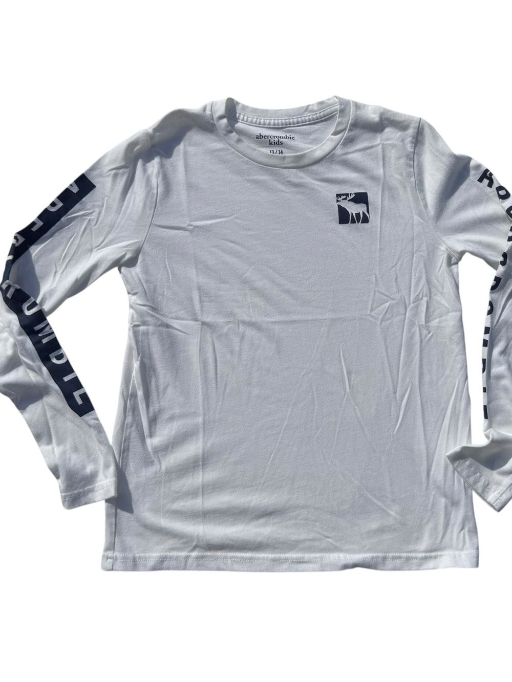 abercrombie kids White Tee with Navy Logo and branded sleeves Sz 13/14